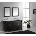 Victoria 60" Double Bath Vanity in Espresso with White Marble Top and Round Sinks and Matching Mirror