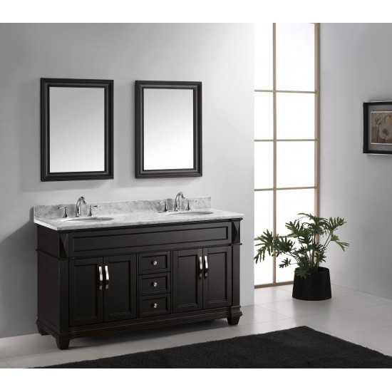 Victoria 60" Double Bath Vanity in Espresso with White Marble Top and Round Sinks and Matching Mirror