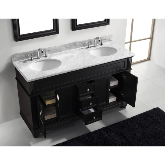 Victoria 60" Double Bath Vanity in Espresso with White Marble Top and Round Sinks and Matching Mirror