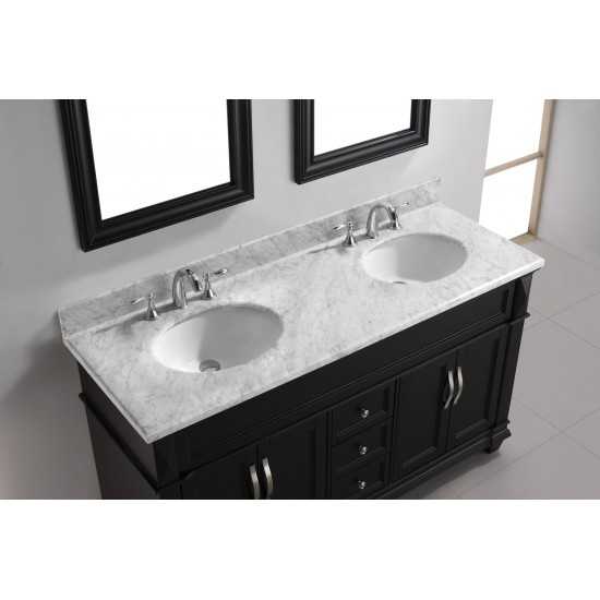 Victoria 60" Double Bath Vanity in Espresso with White Marble Top and Round Sinks and Matching Mirror