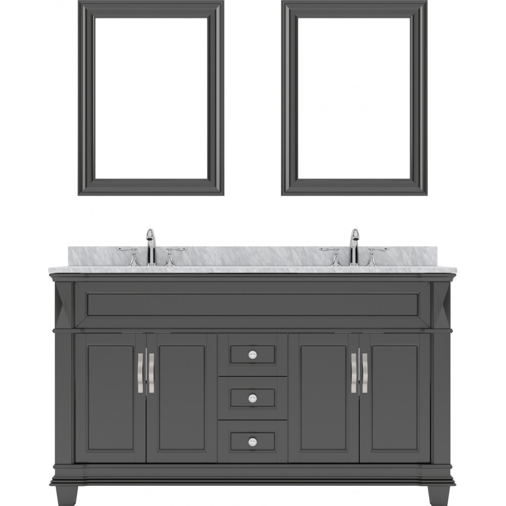 Victoria 60" Double Bath Vanity in Espresso with White Marble Top and Round Sinks with Brushed Nickel Faucets and Mirror