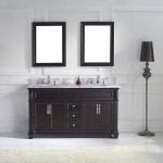 Victoria 60" Double Bath Vanity in Espresso with White Marble Top and Round Sinks with Brushed Nickel Faucets and Mirror