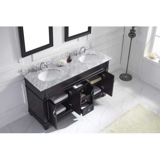 Victoria 60" Double Bath Vanity in Espresso with White Marble Top and Round Sinks with Brushed Nickel Faucets and Mirror