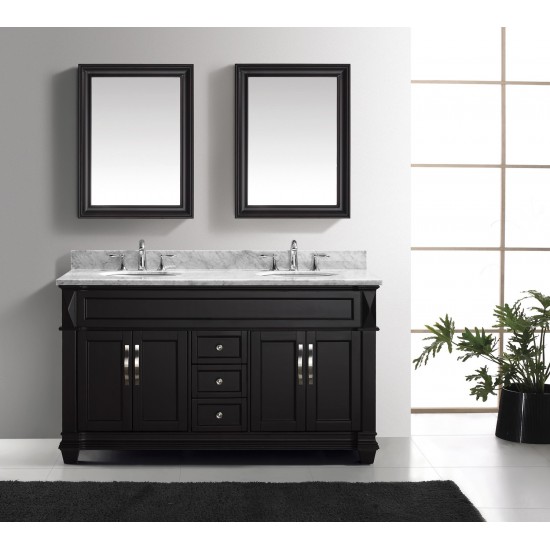 Victoria 60" Double Bath Vanity in Espresso with White Marble Top and Round Sinks with Brushed Nickel Faucets and Mirror