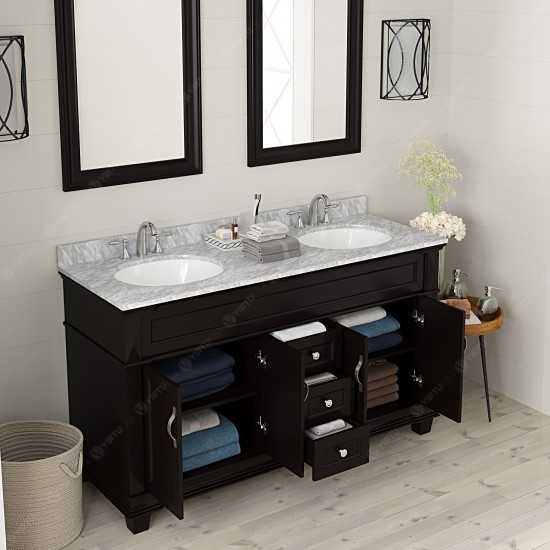 Victoria 60" Double Bath Vanity in Espresso with White Marble Top and Round Sinks with Polished Chrome Faucets and Mirror