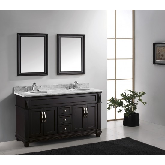 Victoria 60" Double Bath Vanity in Espresso with White Marble Top and Round Sinks with Polished Chrome Faucets and Mirror