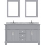 Victoria 60" Double Bath Vanity in Gray with White Marble Top and Round Sinks and Matching Mirror