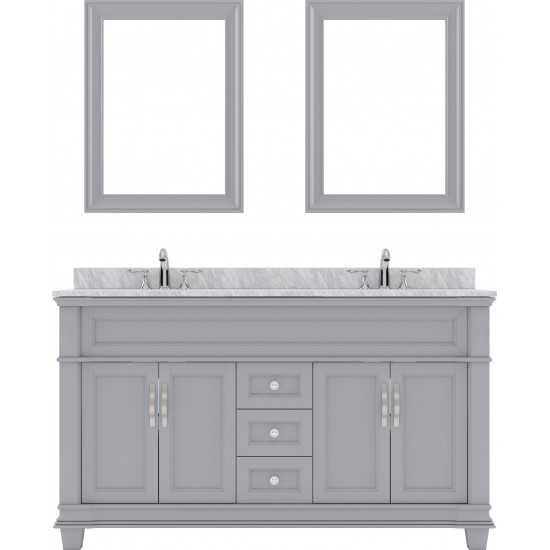 Victoria 60" Double Bath Vanity in Gray with White Marble Top and Round Sinks and Matching Mirror