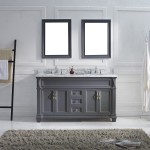 Victoria 60" Double Bath Vanity in Gray with White Marble Top and Round Sinks and Matching Mirror