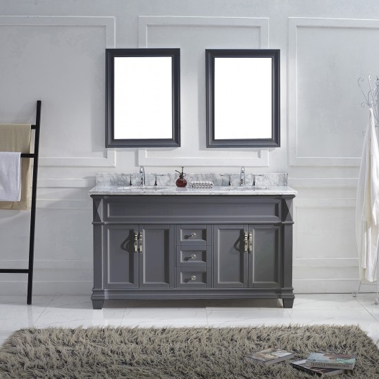 Victoria 60" Double Bath Vanity in Gray with White Marble Top and Round Sinks and Matching Mirror