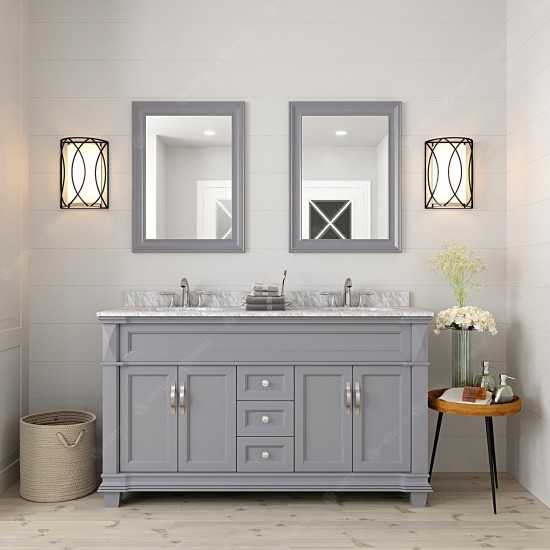 Victoria 60" Double Bath Vanity in Gray with White Marble Top and Round Sinks and Matching Mirror