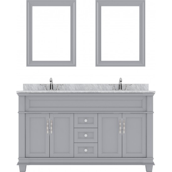 Victoria 60" Double Bath Vanity in Gray with White Marble Top and Round Sinks with Brushed Nickel Faucets and Matching Mirror