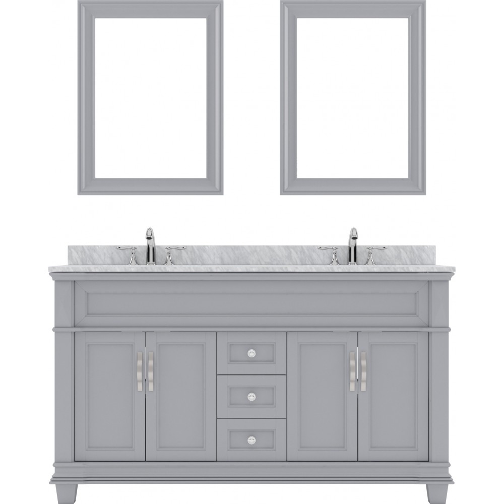 Victoria 60" Double Bath Vanity in Gray with White Marble Top and Round Sinks with Brushed Nickel Faucets and Matching Mirror