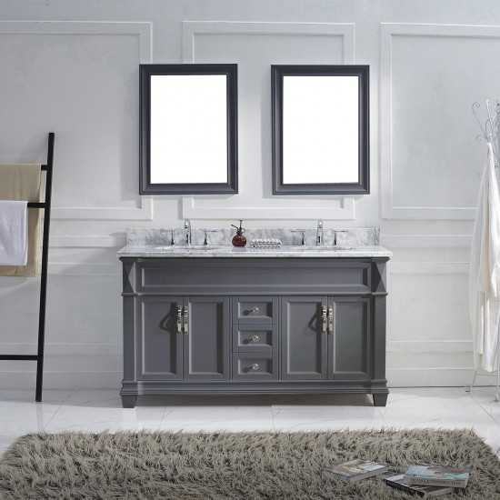 Victoria 60" Double Bath Vanity in Gray with White Marble Top and Round Sinks with Brushed Nickel Faucets and Matching Mirror