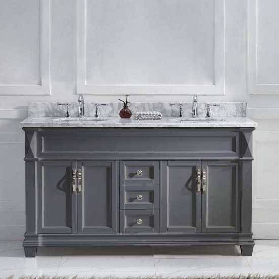 Victoria 60" Double Bath Vanity in Gray with White Marble Top and Round Sinks