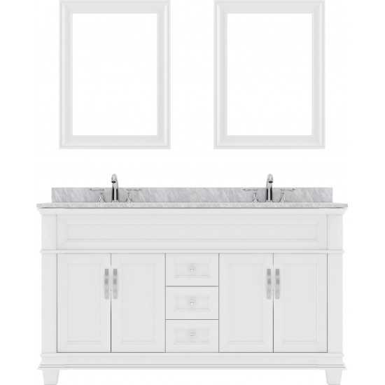 Victoria 60" Double Bath Vanity in White with White Marble Top and Round Sinks and Matching Mirror