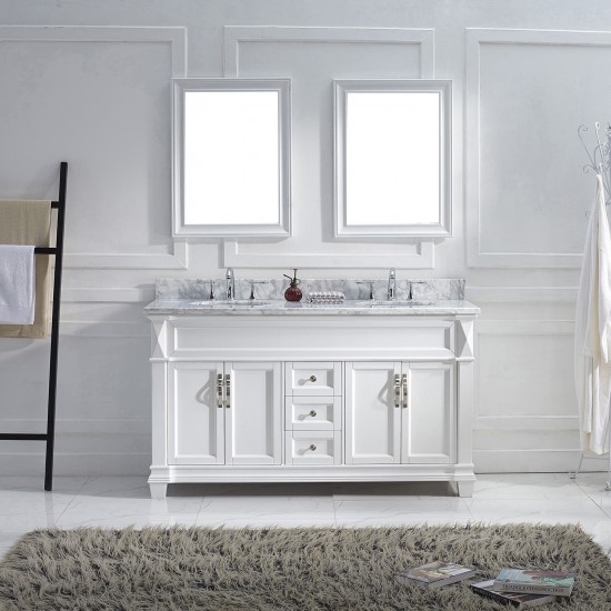 Victoria 60" Double Bath Vanity in White with White Marble Top and Round Sinks and Matching Mirror