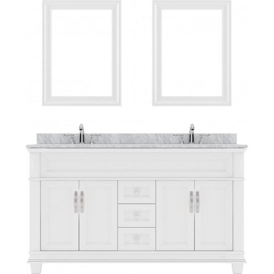 Victoria 60" Double Bath Vanity in White with White Marble Top and Round Sinks with Brushed Nickel Faucets and Matching Mirro