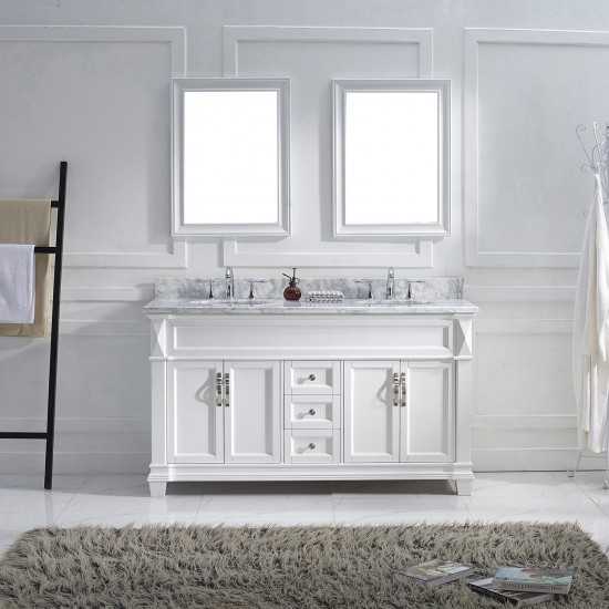 Victoria 60" Double Bath Vanity in White with White Marble Top and Round Sinks with Brushed Nickel Faucets and Matching Mirro