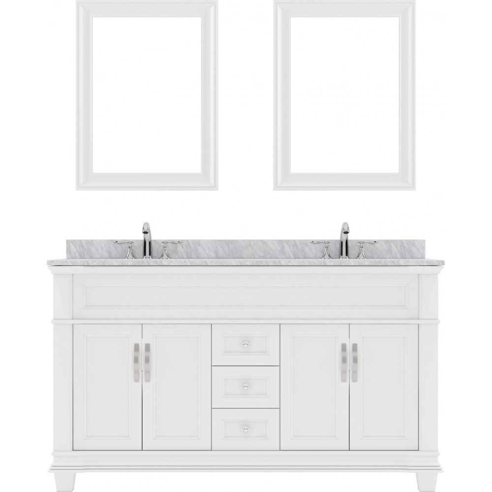 Victoria 60" Double Bath Vanity in White with White Marble Top and Round Sinks with Polished Chrome Faucets and Matching Mirr