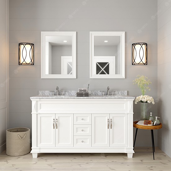Victoria 60" Double Bath Vanity in White with White Marble Top and Round Sinks with Polished Chrome Faucets and Matching Mirr