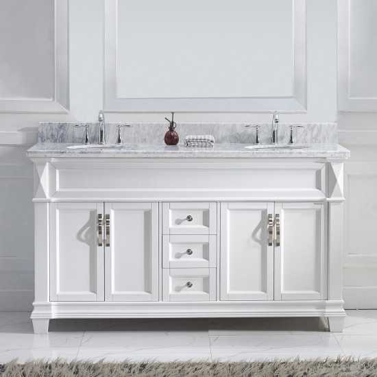 Victoria 60" Double Bath Vanity in White with White Marble Top and Round Sinks