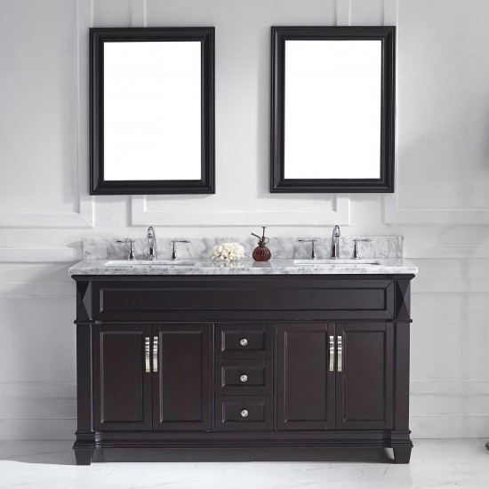 Victoria 60" Double Bath Vanity in Espresso with White Marble Top and Square Sinks and Matching Mirror