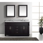 Victoria 60" Double Bath Vanity in Espresso with White Marble Top and Square Sinks and Matching Mirror