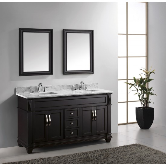 Victoria 60" Double Bath Vanity in Espresso with White Marble Top and Square Sinks and Matching Mirror