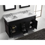 Victoria 60" Double Bath Vanity in Espresso with White Marble Top and Square Sinks and Matching Mirror