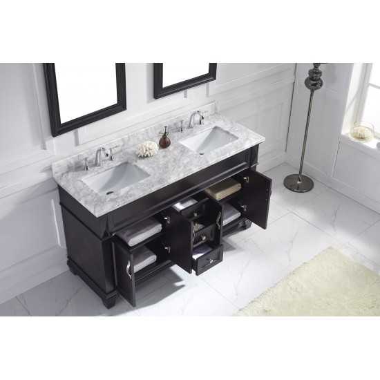 Victoria 60" Double Bath Vanity in Espresso with White Marble Top and Square Sinks with Polished Chrome Faucets and Mirror