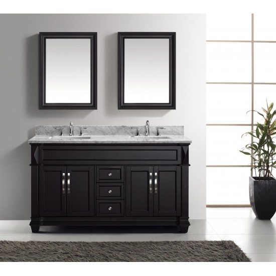 Victoria 60" Double Bath Vanity in Espresso with White Marble Top and Square Sinks with Polished Chrome Faucets and Mirror