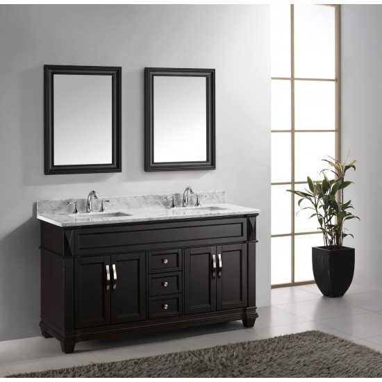 Victoria 60" Double Bath Vanity in Espresso with White Marble Top and Square Sinks with Polished Chrome Faucets and Mirror