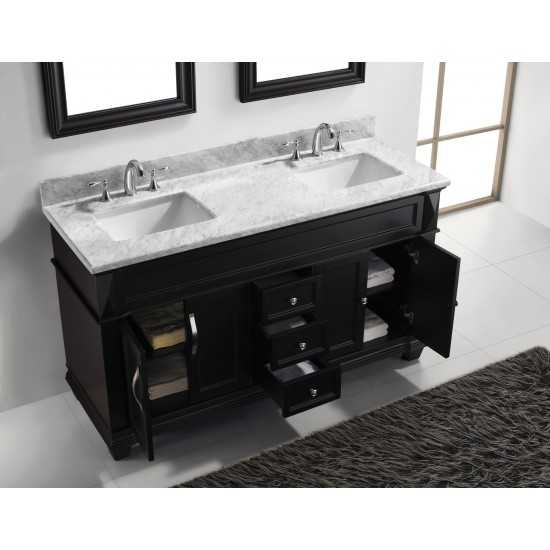 Victoria 60" Double Bath Vanity in Espresso with White Marble Top and Square Sinks with Polished Chrome Faucets and Mirror