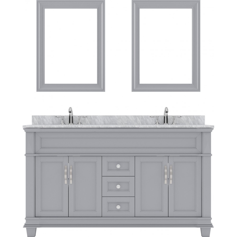 Victoria 60" Double Bath Vanity in Gray with White Marble Top and Square Sinks and Matching Mirror