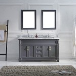 Victoria 60" Double Bath Vanity in Gray with White Marble Top and Square Sinks and Matching Mirror