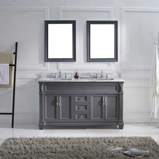 Victoria 60" Double Bath Vanity in Gray with White Marble Top and Square Sinks and Matching Mirror