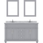 Victoria 60" Double Bath Vanity in Gray with White Marble Top and Square Sinks with Brushed Nickel Faucets and Matching Mirro