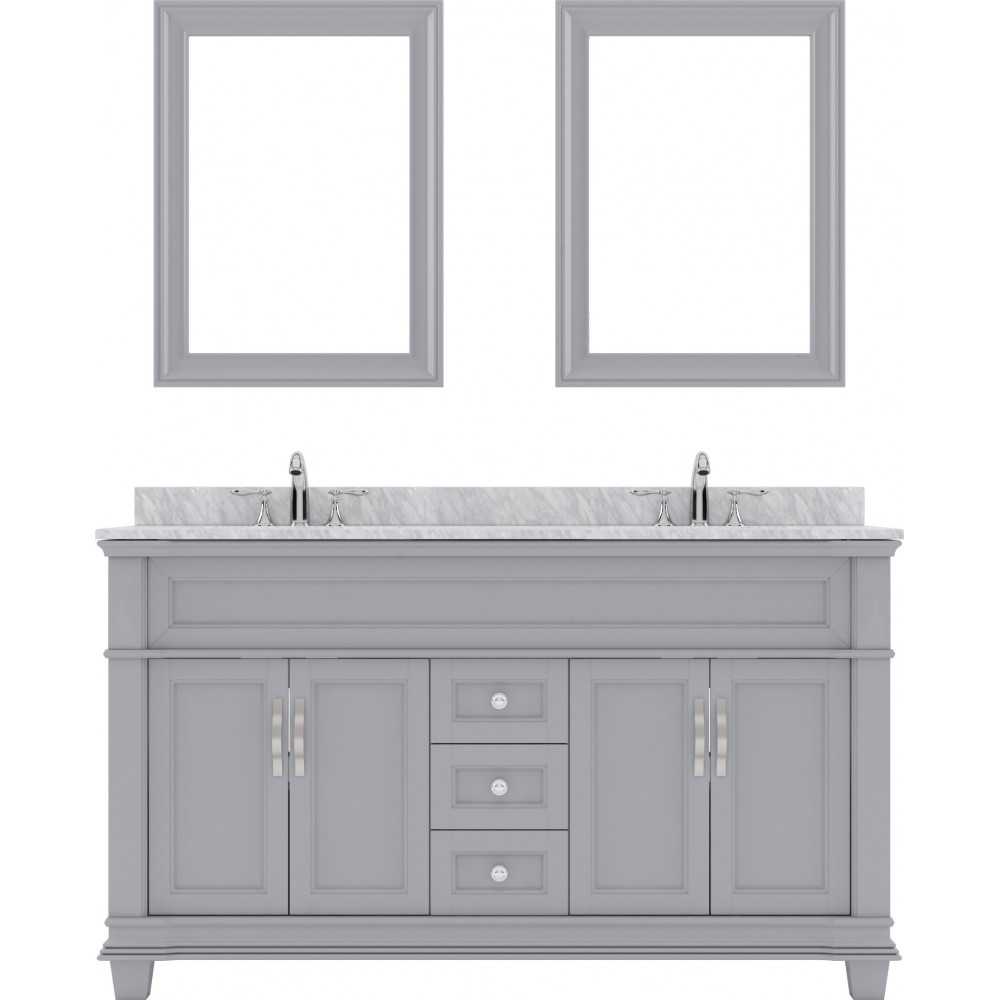 Victoria 60" Double Bath Vanity in Gray with White Marble Top and Square Sinks with Brushed Nickel Faucets and Matching Mirro