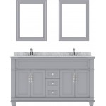 Victoria 60" Double Bath Vanity in Gray with White Marble Top and Square Sinks with Polished Chrome Faucets and Matching Mirr