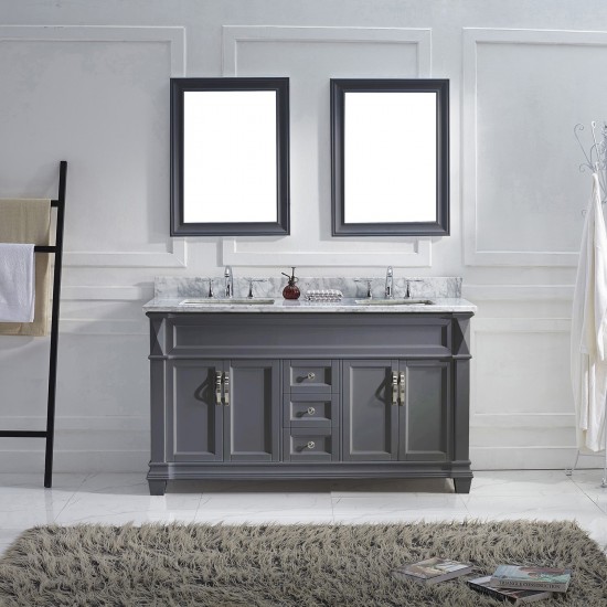 Victoria 60" Double Bath Vanity in Gray with White Marble Top and Square Sinks with Polished Chrome Faucets and Matching Mirr