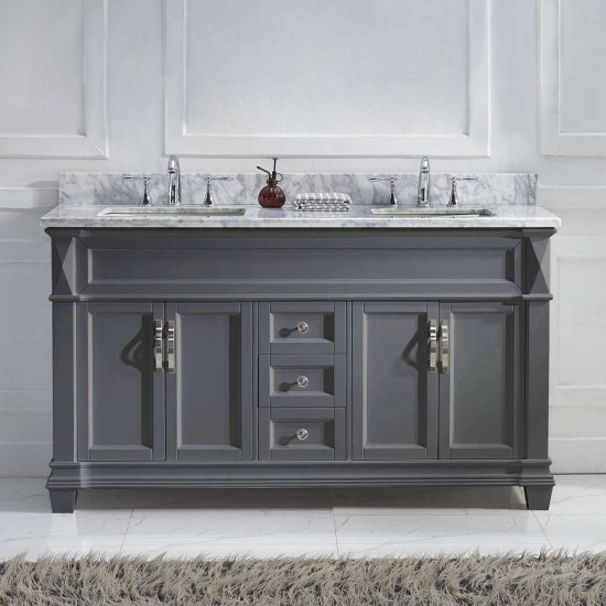 Victoria 60" Double Bath Vanity in Gray with White Marble Top and Square Sinks