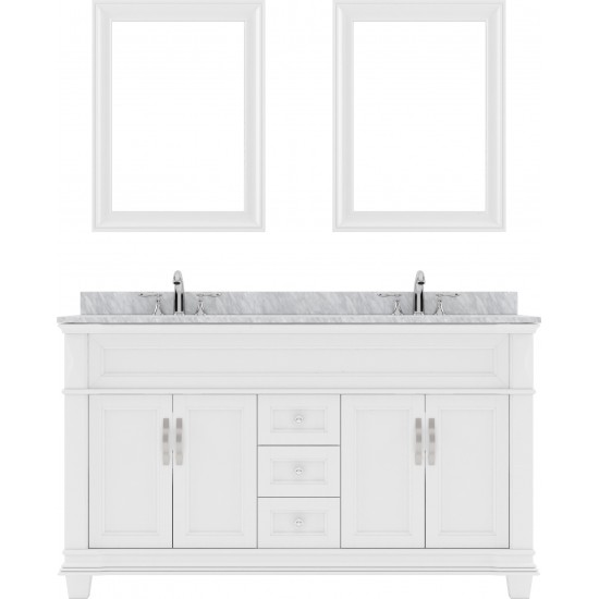 Victoria 60" Double Bath Vanity in White with White Marble Top and Square Sinks and Matching Mirror