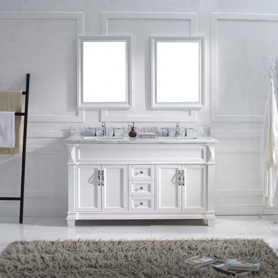 Victoria 60" Double Bath Vanity in White with White Marble Top and Square Sinks and Matching Mirror