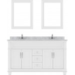 Victoria 60" Double Bath Vanity in White with White Marble Top and Square Sinks with Brushed Nickel Faucets and Matching Mirr