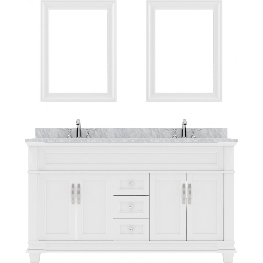 Victoria 60" Double Bath Vanity in White with White Marble Top and Square Sinks with Brushed Nickel Faucets and Matching Mirr