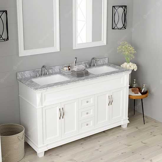 Victoria 60" Double Bath Vanity in White with White Marble Top and Square Sinks with Brushed Nickel Faucets and Matching Mirr