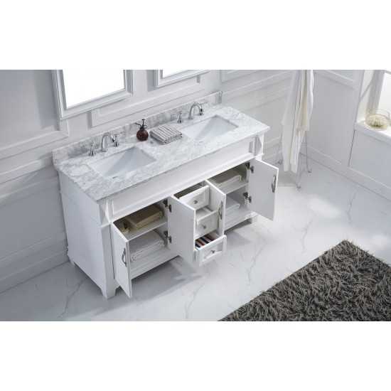 Victoria 60" Double Bath Vanity in White with White Marble Top and Square Sinks with Brushed Nickel Faucets and Matching Mirr