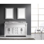 Victoria 60" Double Bath Vanity in White with White Marble Top and Square Sinks with Brushed Nickel Faucets and Matching Mirr