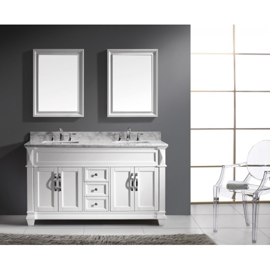 Victoria 60" Double Bath Vanity in White with White Marble Top and Square Sinks with Brushed Nickel Faucets and Matching Mirr